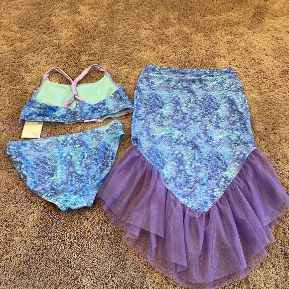 New 3 piece mermaid swim set top bottom tail girls 16 SO swimsuit xl new bikini - Picture 4 of 11